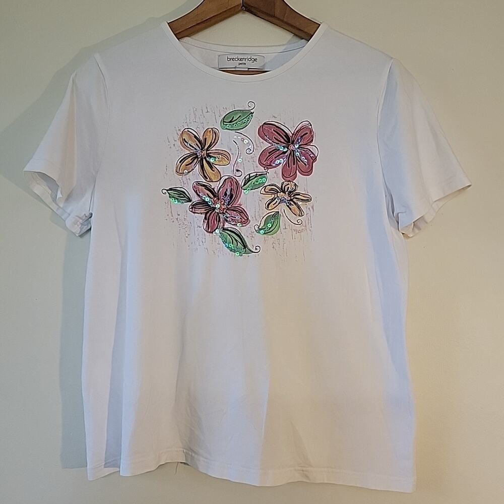 VTG Womens Short Sleeve Embroidered Tee Size L Floral Sequin 90s Y2K Cottagecore